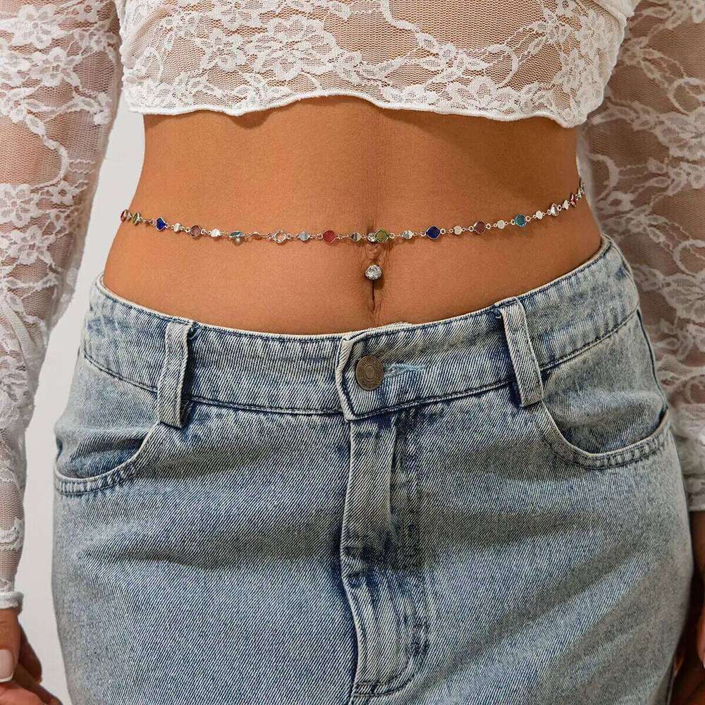 IngeSight.Z Simple Colorful Geometric Crystal Waist Belly for Women 2024 Trendy Bikini Thin Belt Chain Body Jewelry H260228