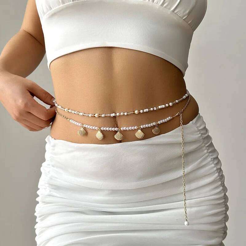 Trendy Y2k Summer Bohemian Imitation Pearl Shell Waist Link Beach Bikini Alloy Body Chain for Women Girls H260228