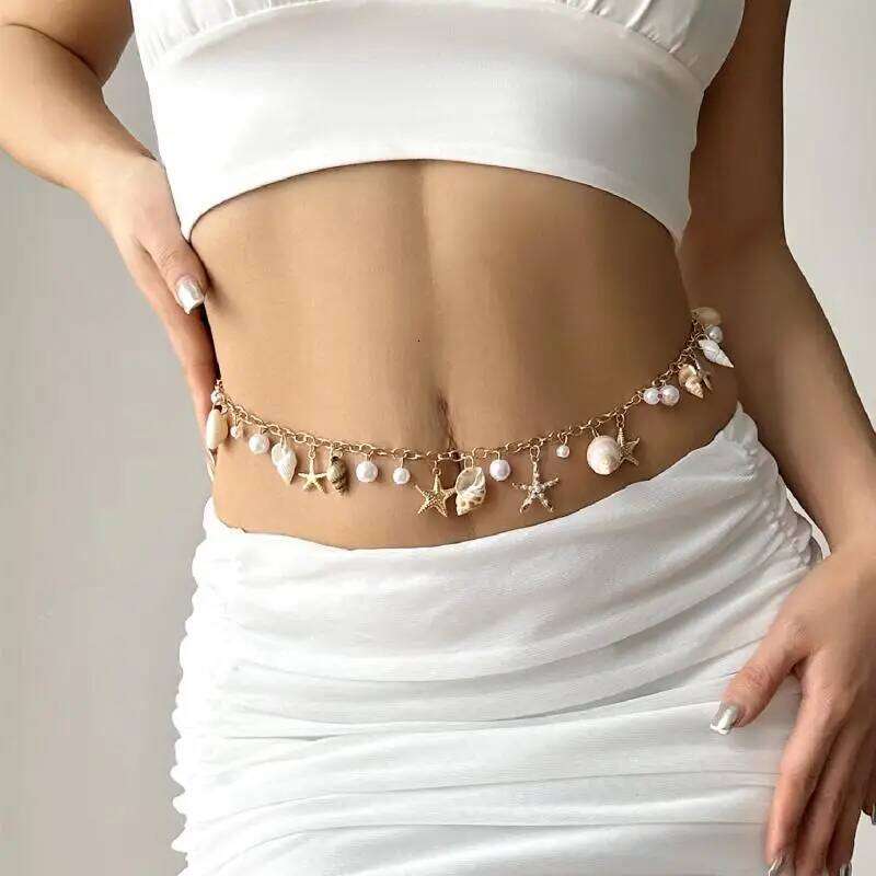 Elegant Bohemian Style Starfish and Conch Pearl Chain Belt, Adjustable, Perfect for Beach Trips, Fashion Gift Item H260228