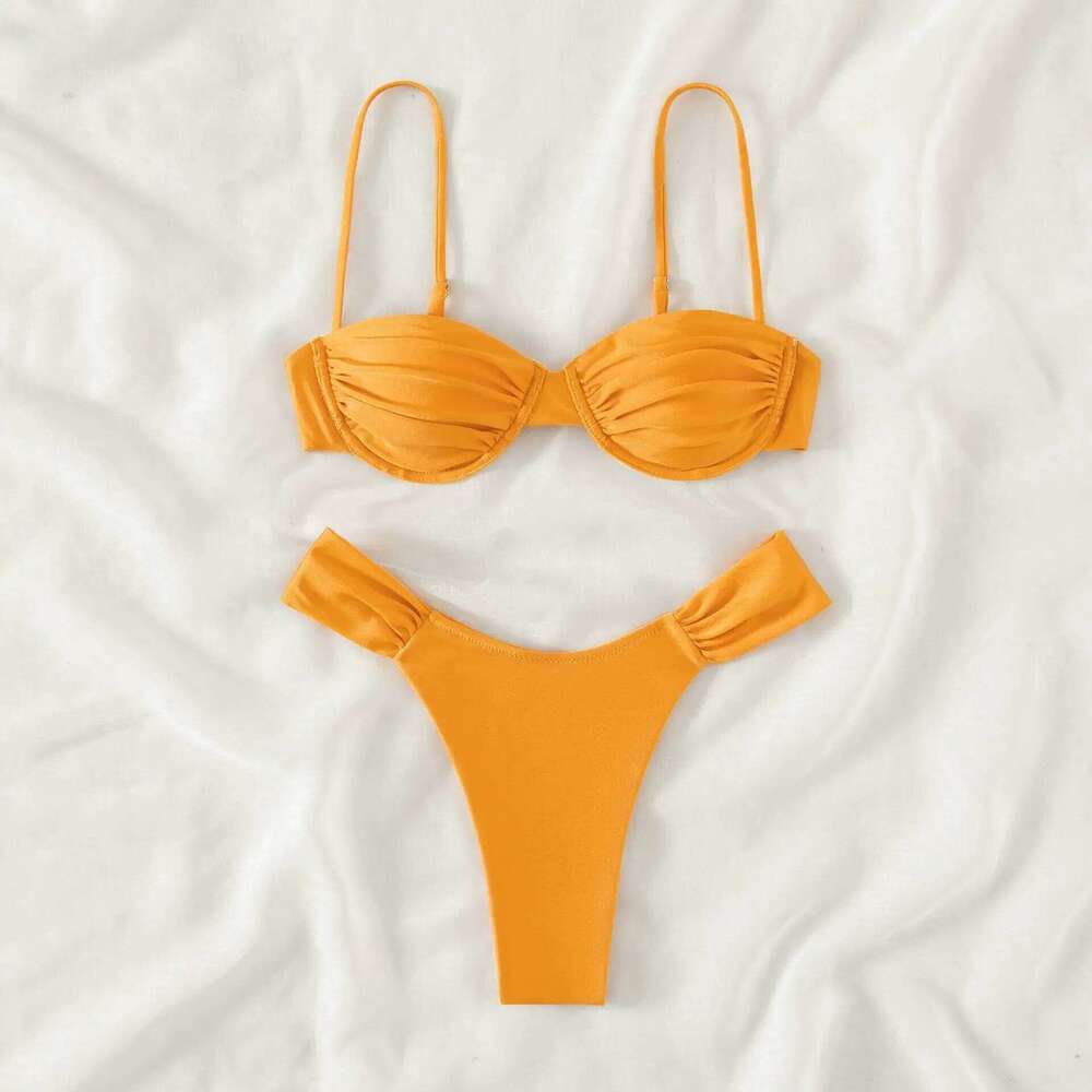 Women Sexy High Cut Bikini Sets Push-up Pleated Bra+Low Waist Briefs Two-Piece Swimsuits Solid Color Swimwear Z260301