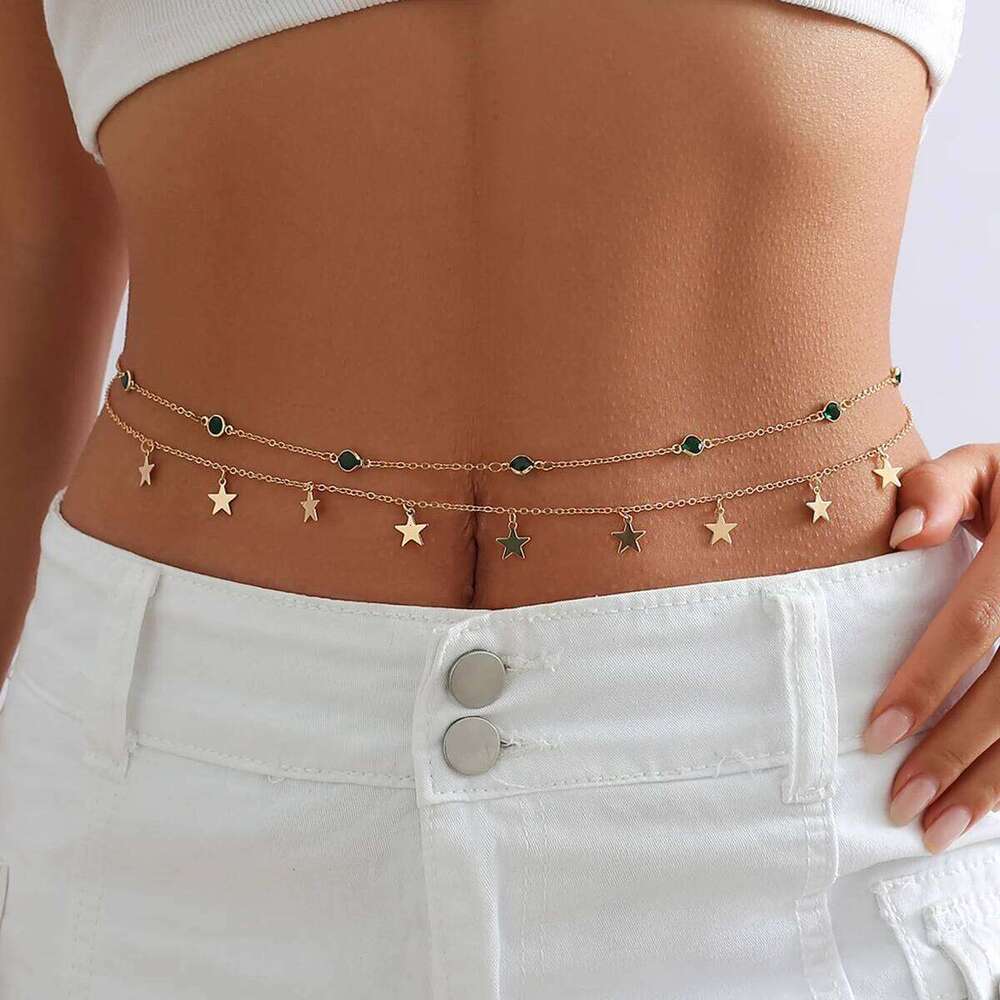 PuRui Bohemia Green Glass Rhinestone Tiny Star Pendant Charm Women Belly Waist Chain Sexy Bikini Body Jewelry Summer Beach Party H260228