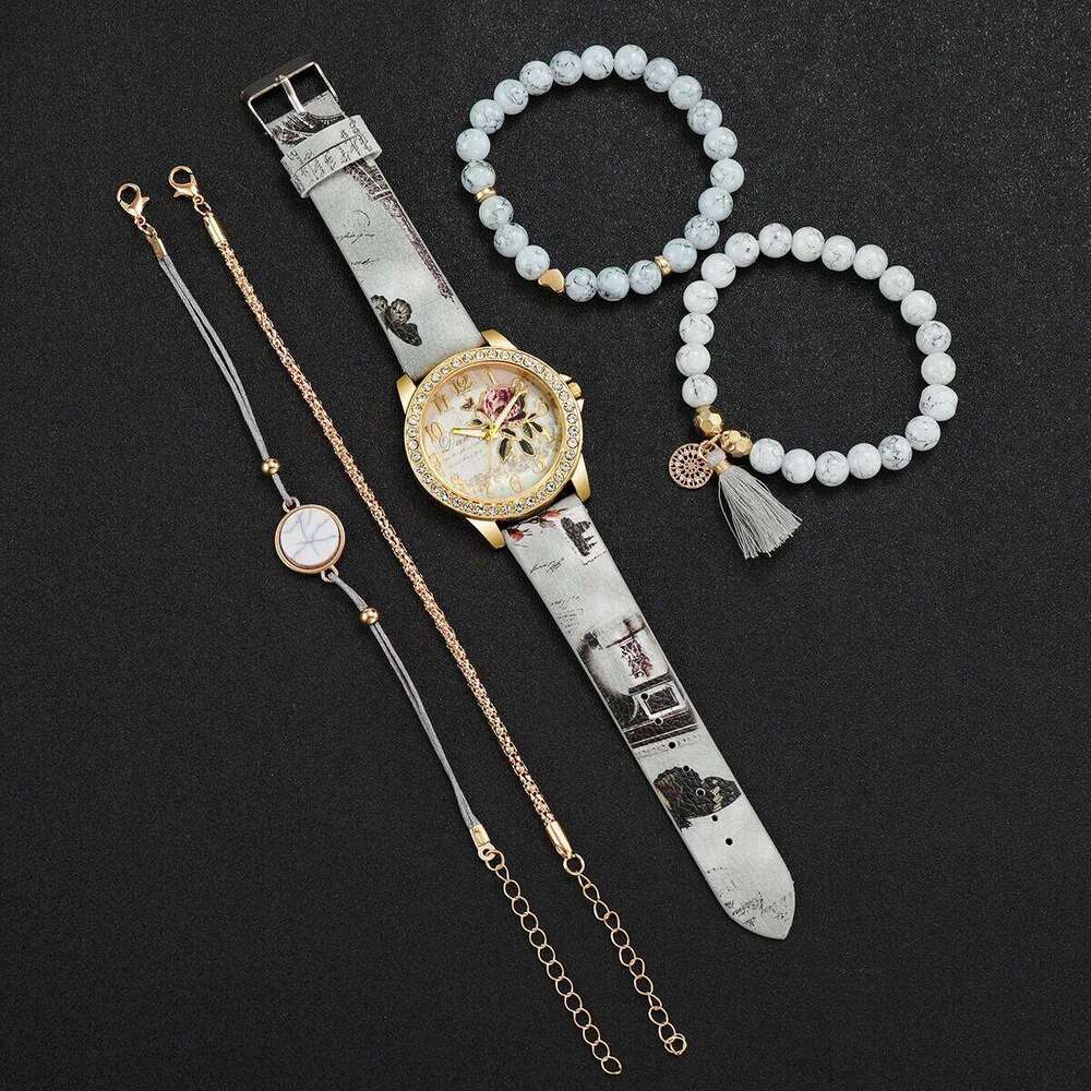 5PCS Fashion Flower Printed Women es Beads Set Ladies Leather Band Quartz Wrist Reloj Hombre Without Box H260228