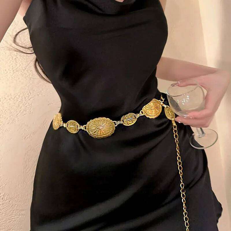 Vintage Oval Craved Metal Waist Chain for Women Retro Style Exquisite Gold Color Belt Chains Fashion Body Jewelry Gifts H260228