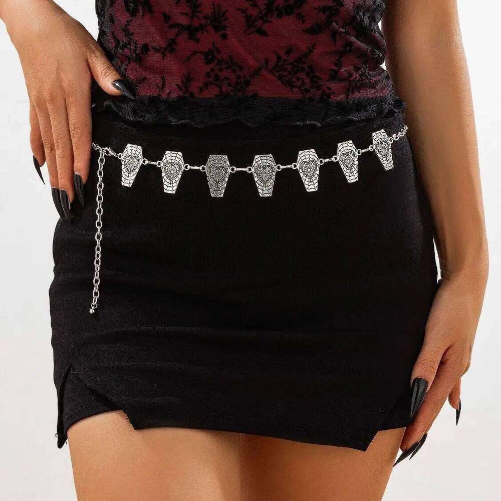 KunJoe Gothic Spider Web Coffin Cross Adjustable Y2K Belt Silver Color Metal Waist Chain Women Vintage Skirt Waistband Halloween H260228