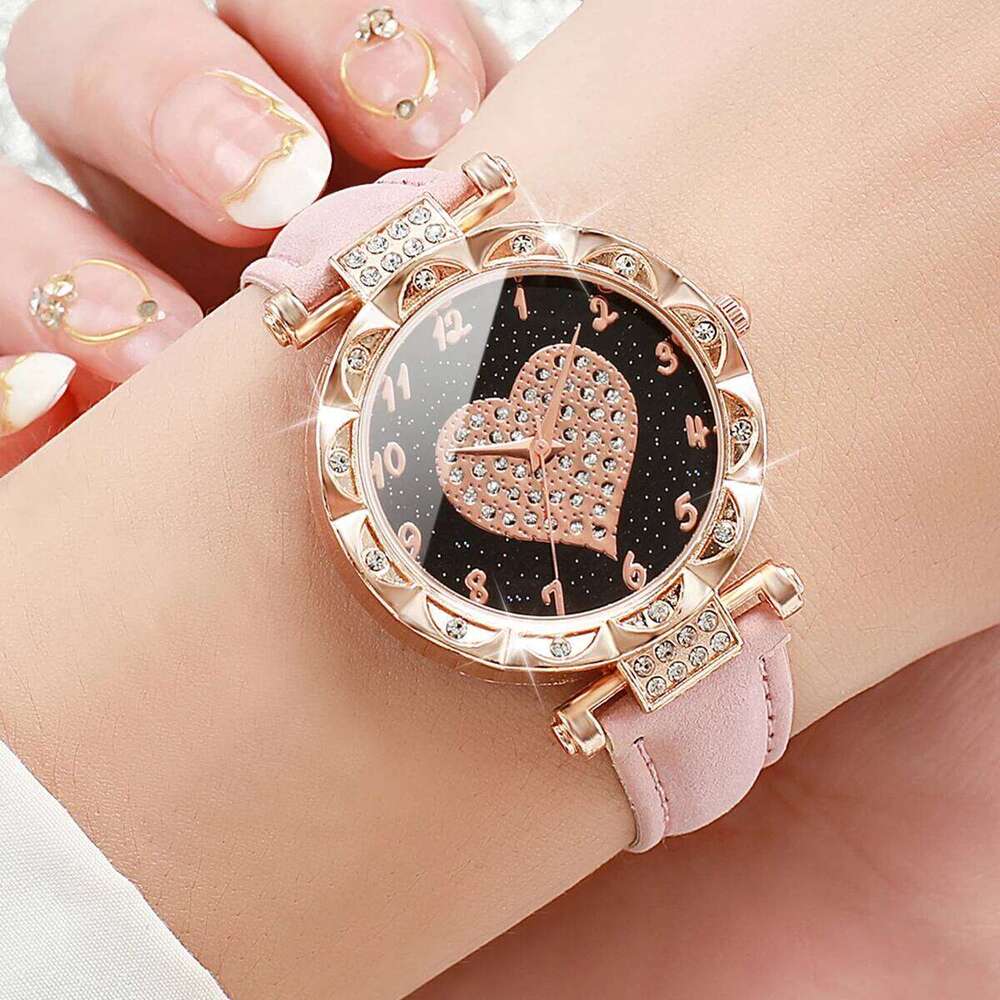 3PCS Women es Fashion Rhinestone Heart Dial Quartz Female Leather Band Wristes SetWithout Box H260228