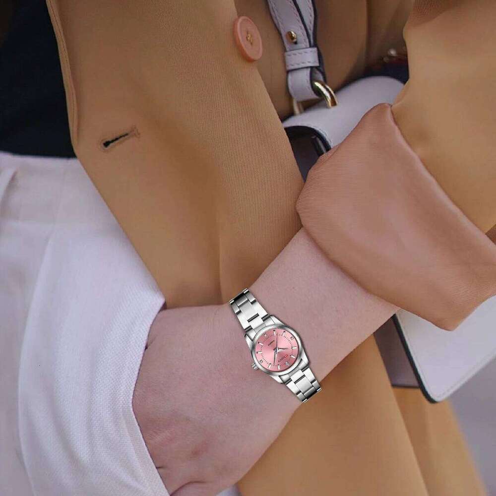Women's 29mm Fashionable Stainless Steel Rhinestone Pink Minimalist Girl Clock Outdoor Travel Women Wrist es H260228