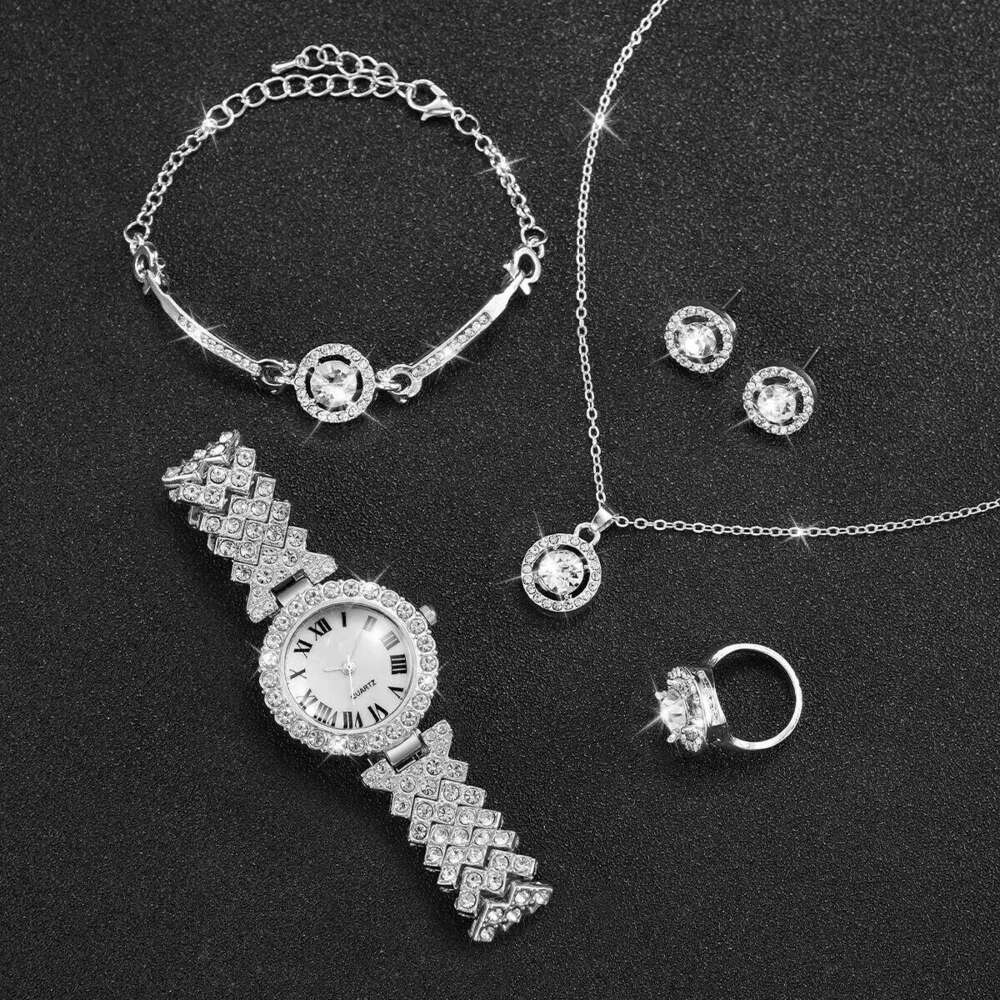 6PCS/Set Luxury Rhinestone Women's Silver Band Ladies Roma Dial Quartz Jewelry SetWithout Box H260228