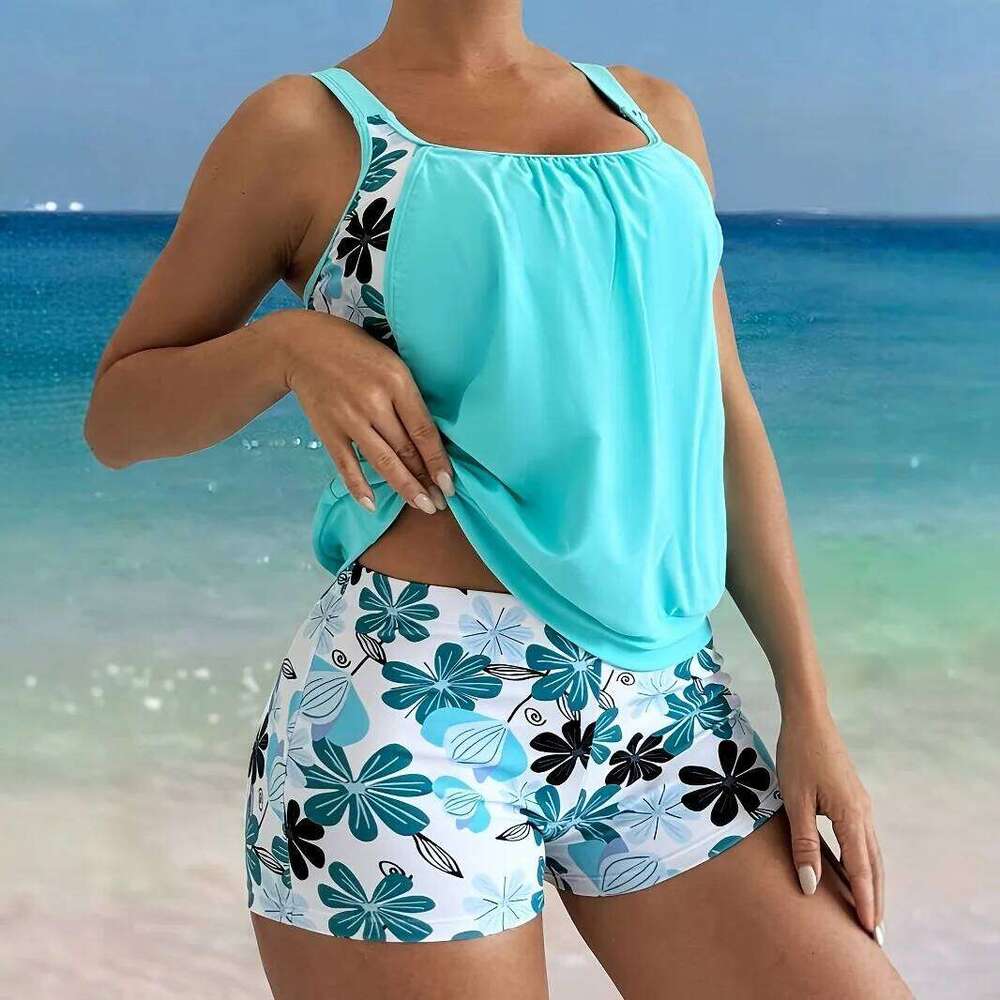 2025 Blue Bikini Set Women's Colorful Print Two Piece Outfits Swimwear High Waist Swim Sexy Beach Bathing Suit Summer Z260301
