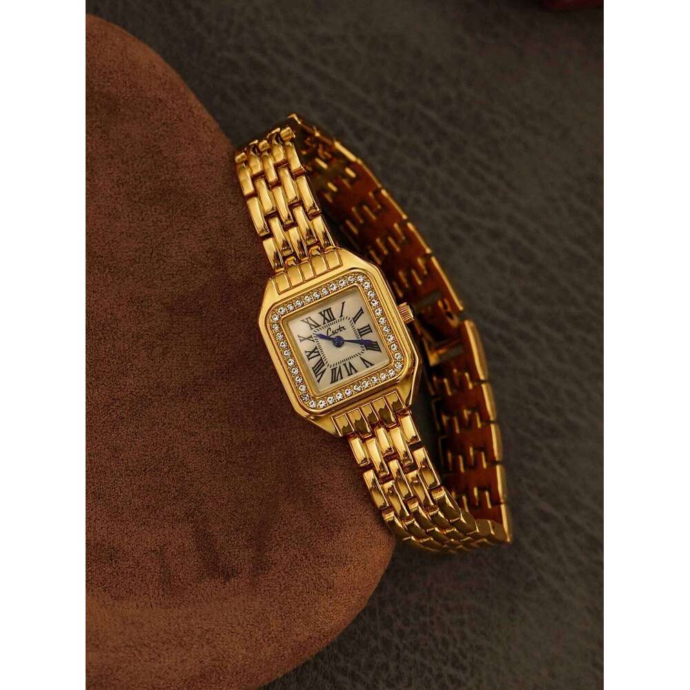 1 Piece of New Golden French Classic Retro Style, High-End, Elegant, Compact Exquisite Inlaid Rhinestones, Bright Eye-Catching Women's Quartz , S