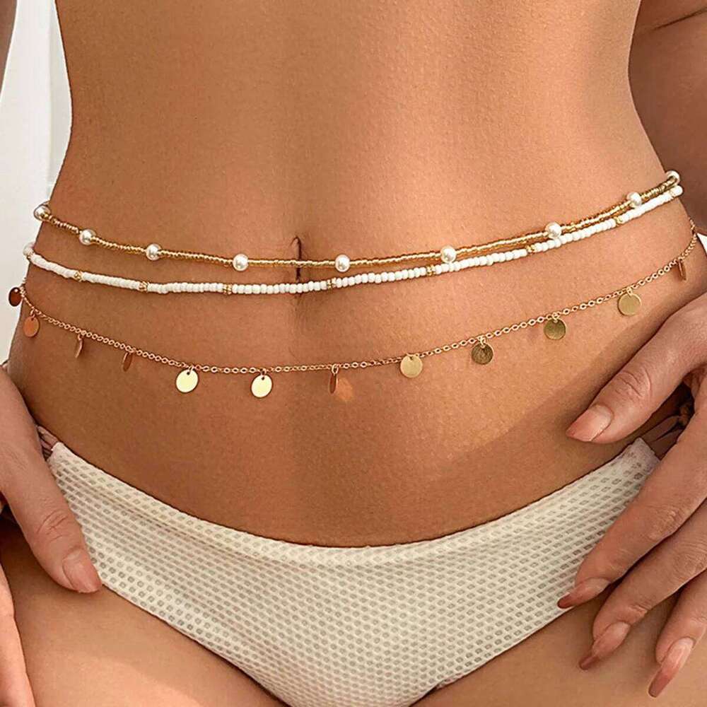 Boho Round Sequin Tassel Pendant Waist 2025 Multi Layer Sweet Imitation Pearl Woven Body Chain Girls Fashion Jewelry H260228