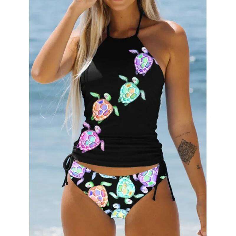 Women's Bathing Suit Coconut Drawstring Side Halter Neck Tankini Set Summer Beach Wear Cute Swimwear Women Swimsuit Sexy Bikini Z260301