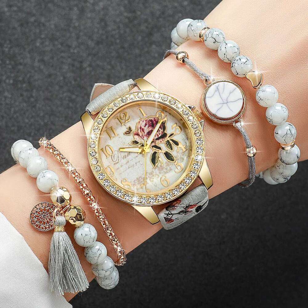 5PCS Fashion Flower Printed Women es Beads Set Ladies Leather Band Quartz Wrist Reloj Hombre Without Box H260228