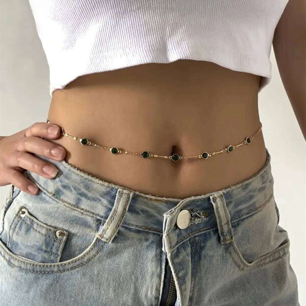 Fashion Sexy Vintage Aesthetic Belly Green Crystal Thin Link Body For Women Waist Chain Belt Y2K Streetwear Jewelry H260228