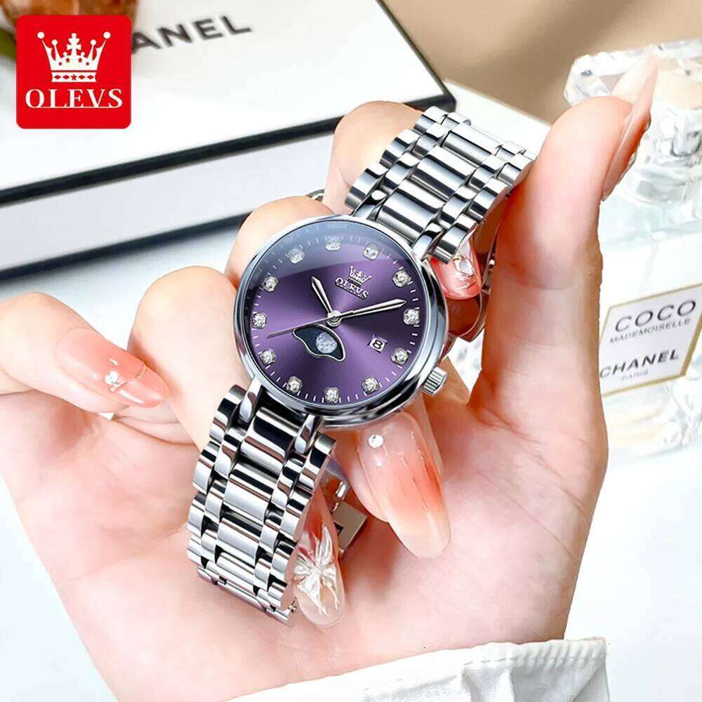 OLEVS Diamond Time Purple Moon Phase Dial es Brand New Fashion Women Quartz Steel Waterproof Dress H260228