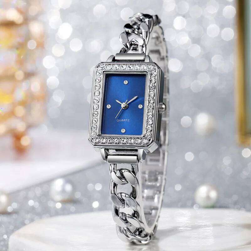 New Rhinestone Rectangular Dial Chain Small Gold Quartz Wristes Fashion Simple Design Girls Clock Gift Relojes H260228