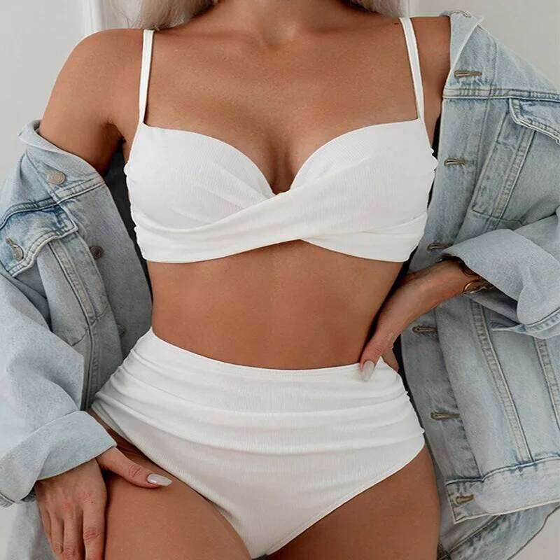 2025 Solid Color High-Waist Bikini Set | Premium Minimalist European Beachwear for Women, Trendy Two-Piece Swimsuit Z260301