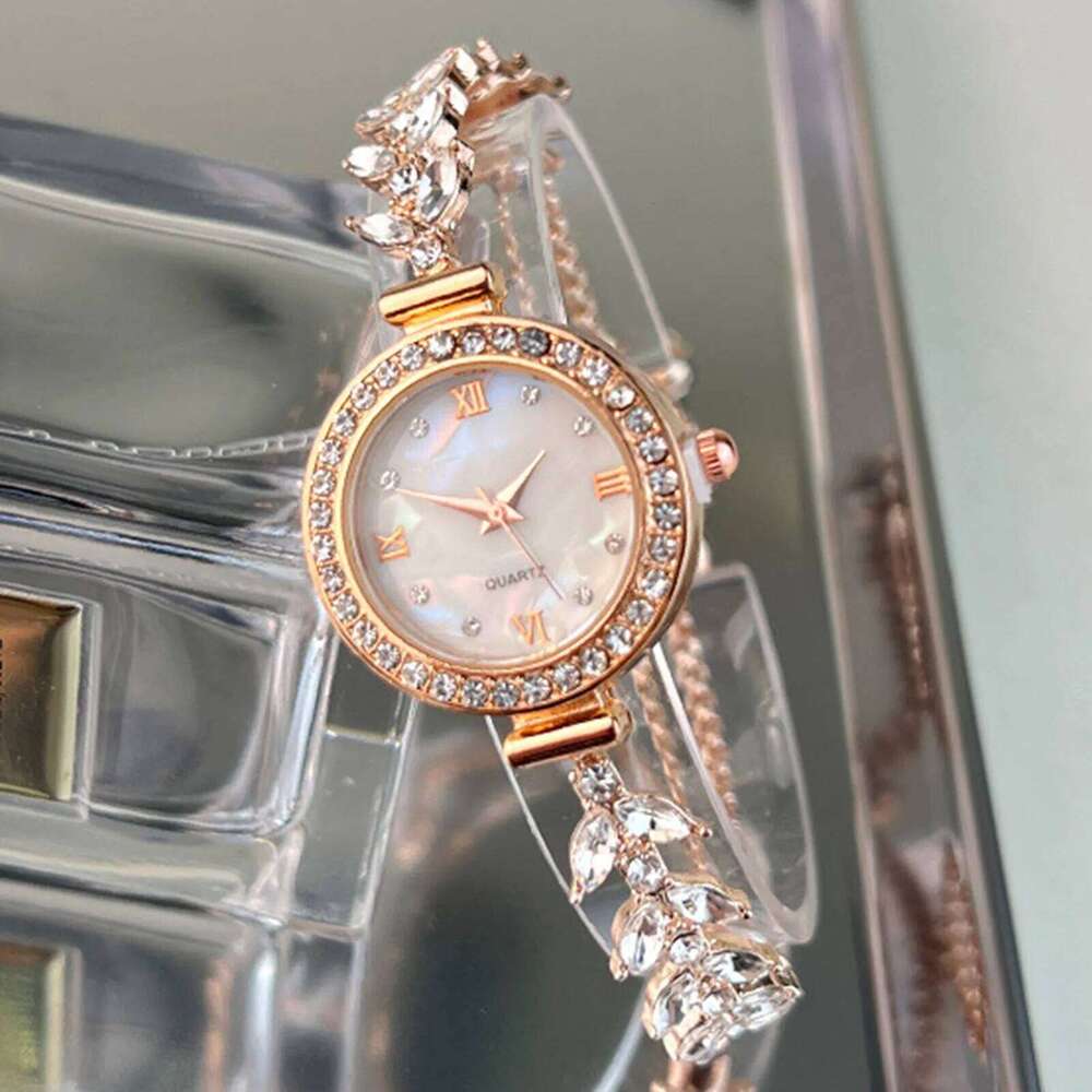 Mermaid Design Diamond Inlaid Women Adjustable Strap Quartz Wrist Faux Mother of Pearl Golden Ladies H260228