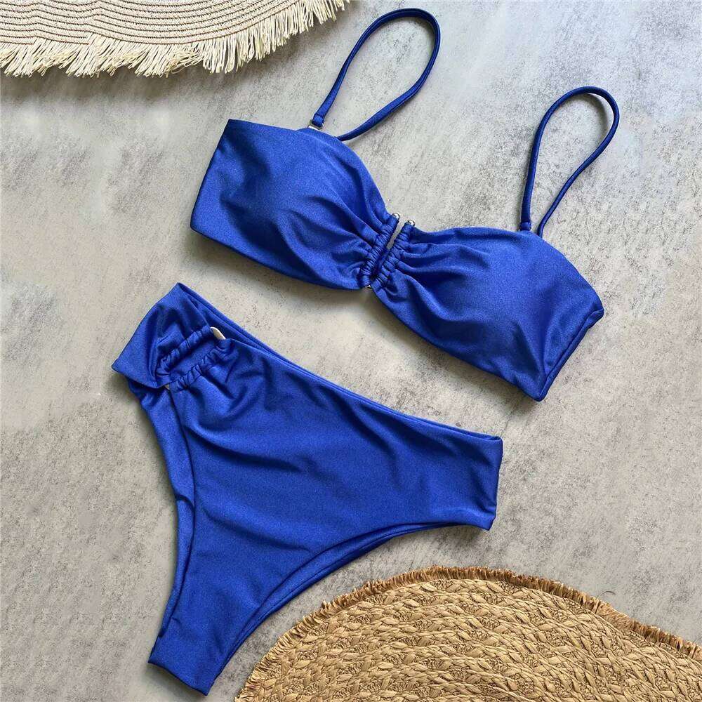 Brown Shiny U Shaped Bikini High Waist Sexy Swimsuit Women 2026 Wrinkled Solid Swimwears Bathing Suit Bandeau Bikinis Sets Mujer Z260301