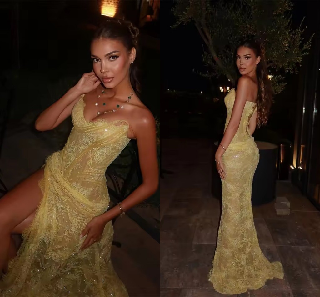 2026 Customized Yellow Lace Mermaid Evening Dresses Sexy Sweetheart High Split Sequins Prom Party Gowns Slim Fitted Women Birthday Special Events Dress LG0970