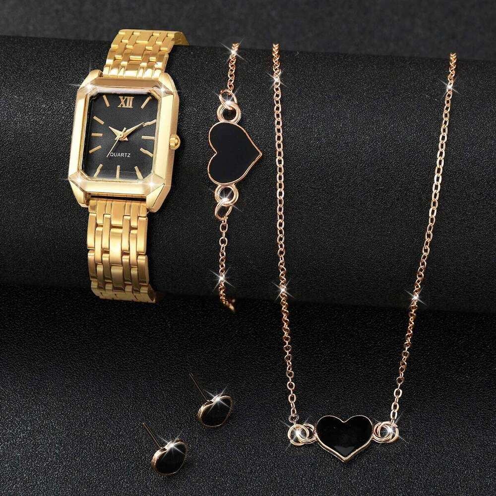 5PCS Elegant Rectangle Women es Heart Jewelry Set Ladies Alloy Strap Quartz Wrist Reloj Mujer Without Box H260228