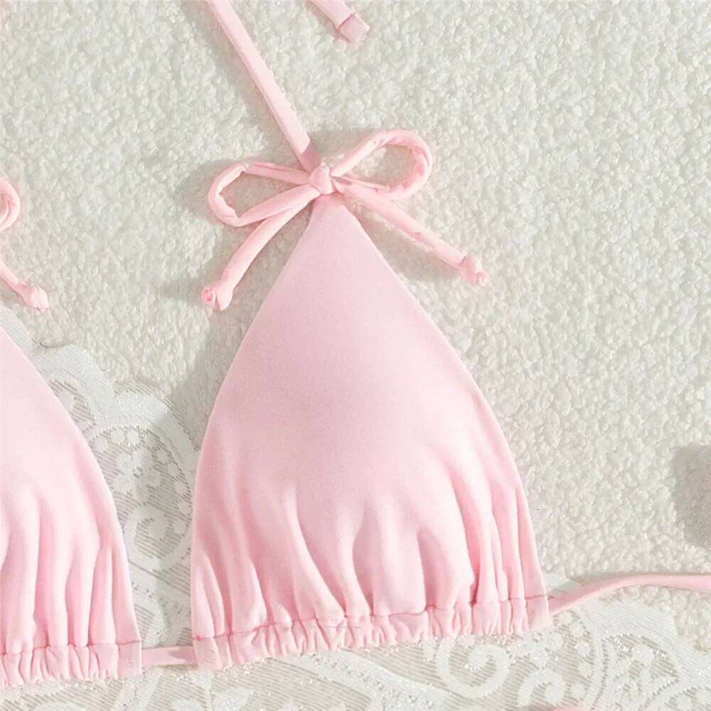 Pink Bow Swimwear String Halter Triangle Micro Bikini Thong Sexy Swimsuit Women Lace-up Wrinkled Bathing Suit Mini Bikinis Sets Z260301