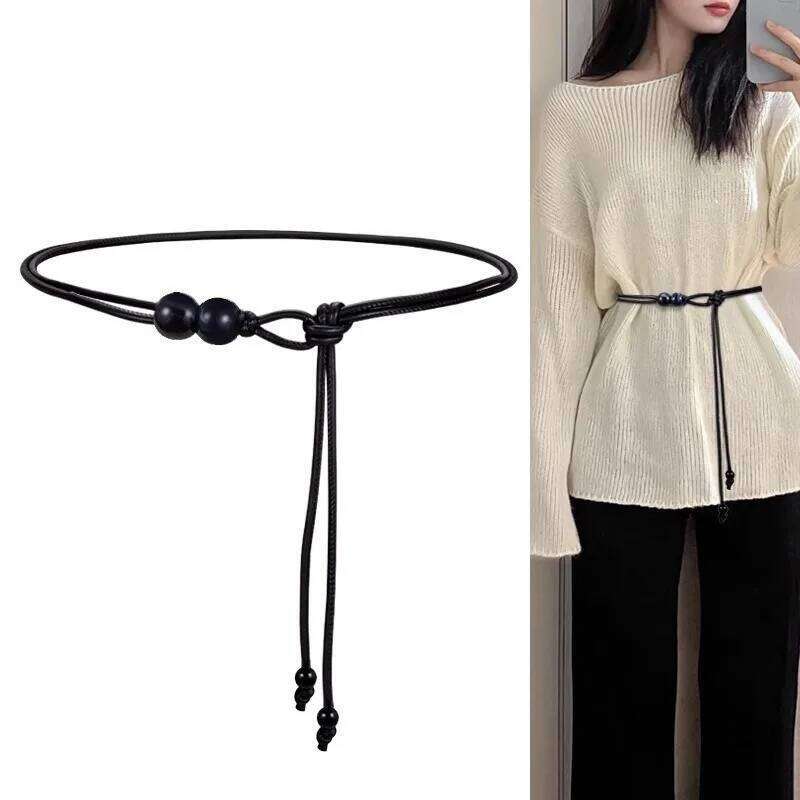 New Chinese Thin Belt for Women Ethnic Style Leather Beaded Dress Long Rope Knotted Waist Chain Jewelry H260228