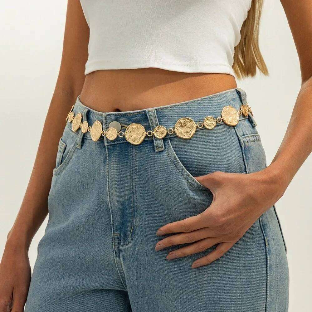 New Metal Chain Pleated Circular Retro Geometric Adjustable Waist Belt For Jeans Dress H260228