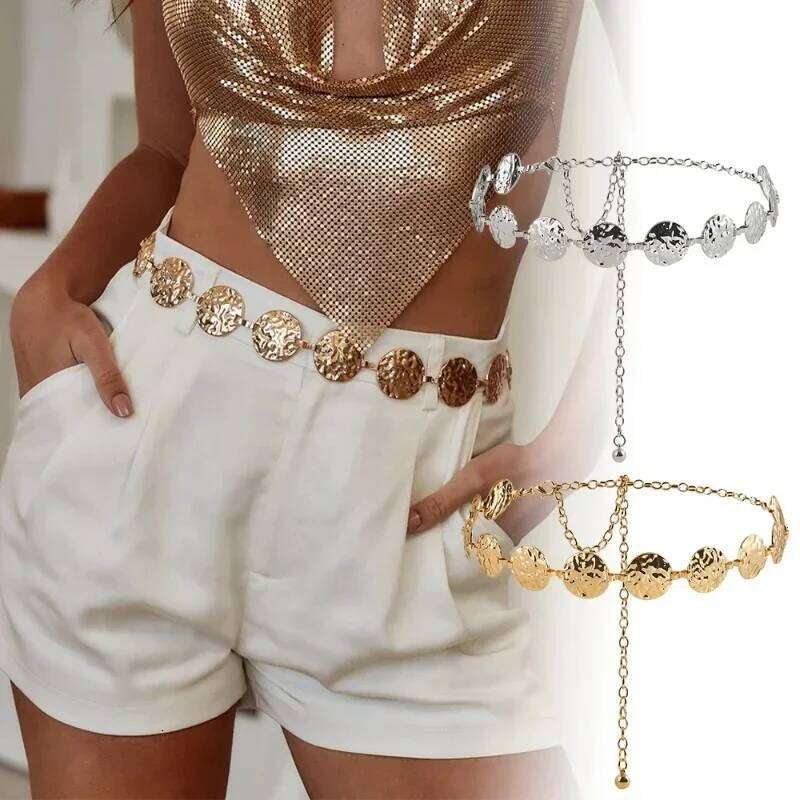 Women Fashion Round Pendant Chain Decorated Waist Belt Stainless Steel Gold Plated Bangle Hip Hop Accessories chain belt H260228
