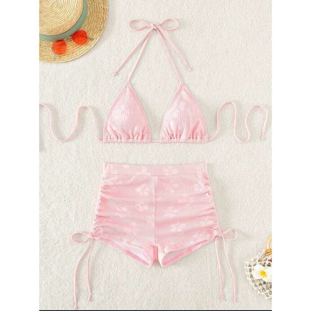 Special Fabric Neck Hanging Sexy Pink Swimsuit 2 Piece Set Halter Top Knot On The Edge Bikini Bottom 2025 Bathing Suit Z260301