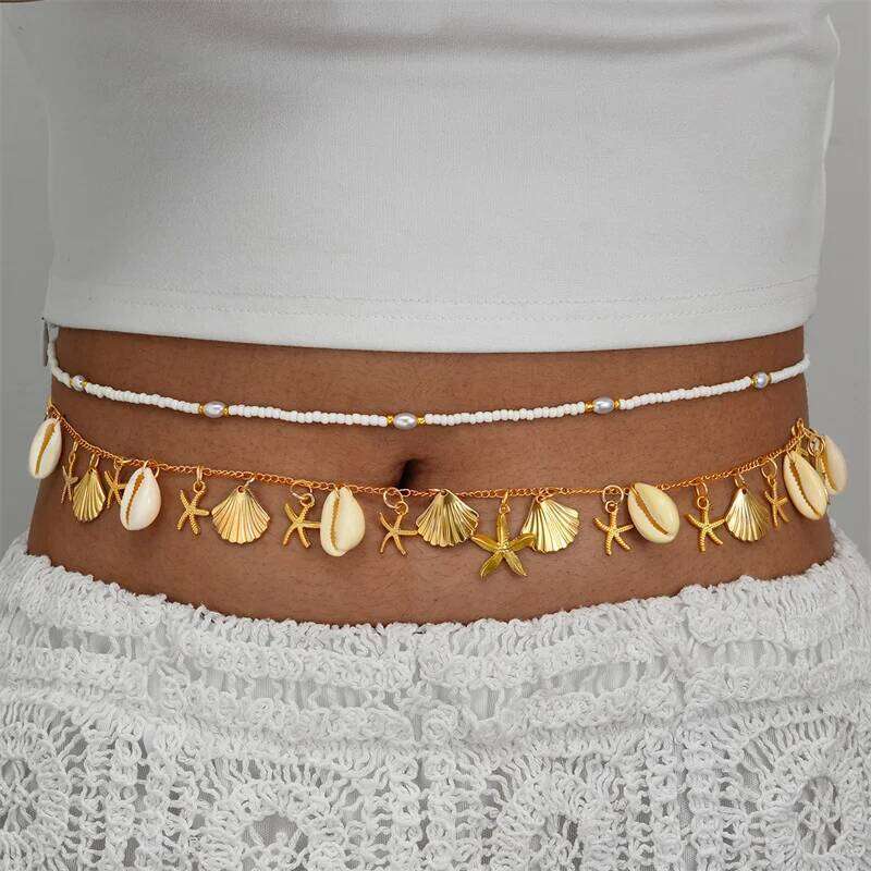 New Bohemia Style Starfish Scallop Shell Double Layer Waist Fashion Imitation Pearl Conch Body Chain Summer Beach Jewelry H260228