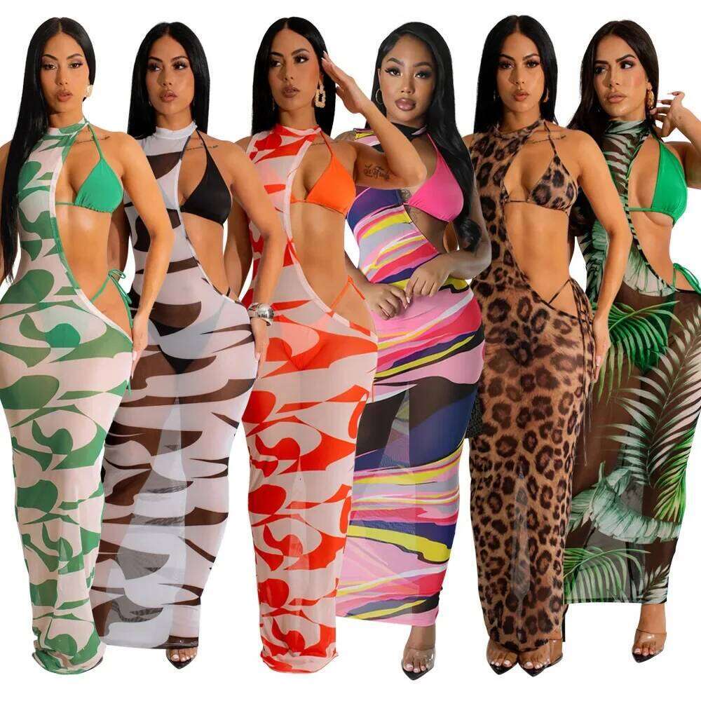 Leosoxs Women Sexy Bikini 3 Piece Sets Beach Lace Bra Top Low Waist Underpants Swimsuit Long Print Mesh Cutout Dress Cover Up Z260301