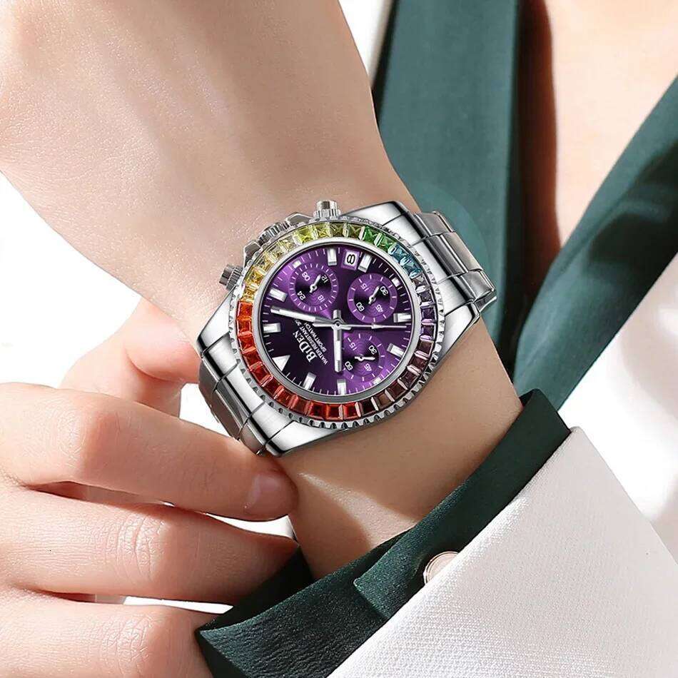 Silver Stainless Steel Elegant Women es Multi Function Chronograph Waterproof Calendar Lady Quartz Wrist Purple H260228