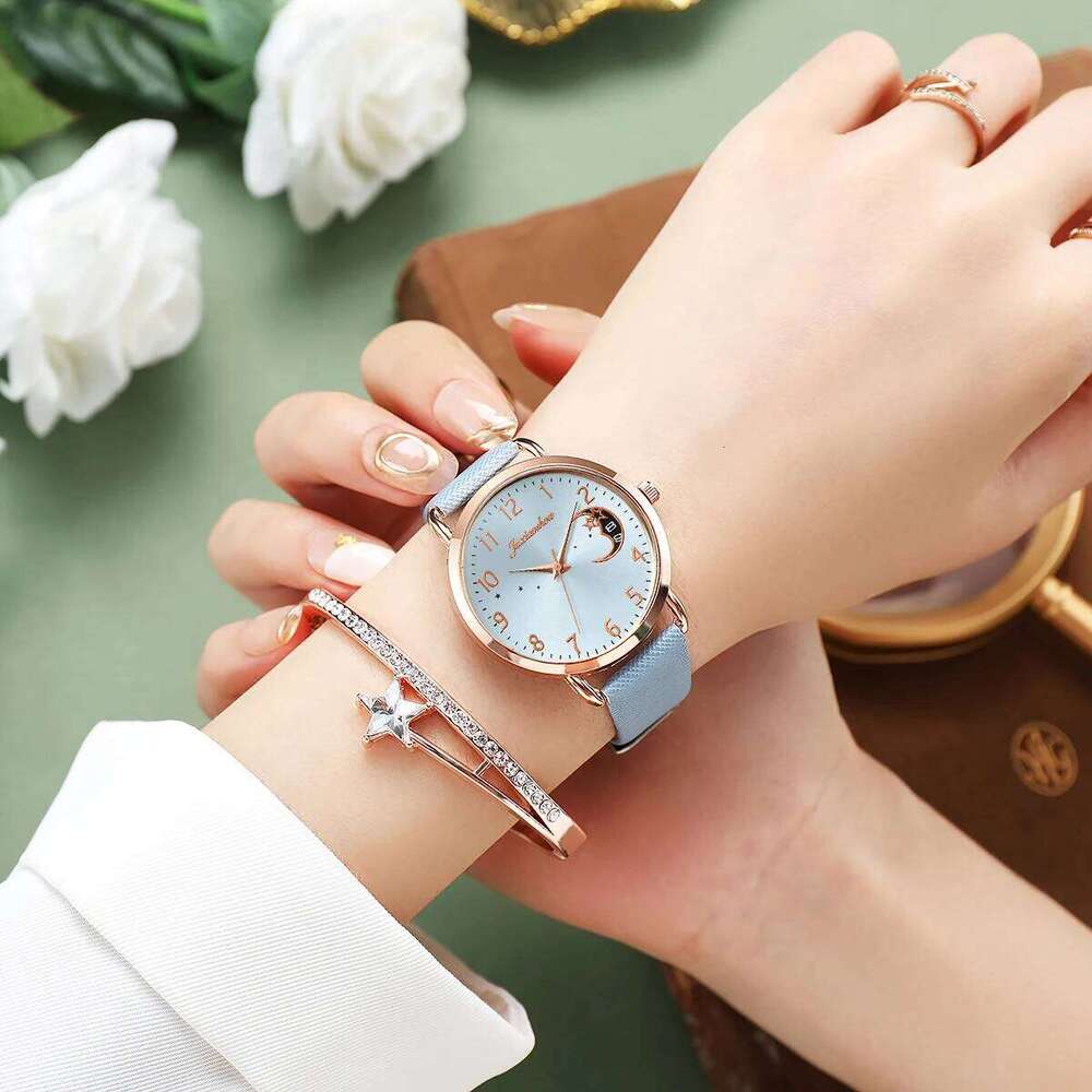 2PCS Fashion Moon Dial Women es Set Casual Leather Strap Ladies Quartz Wrist Reloj MujerWithout Box H260228