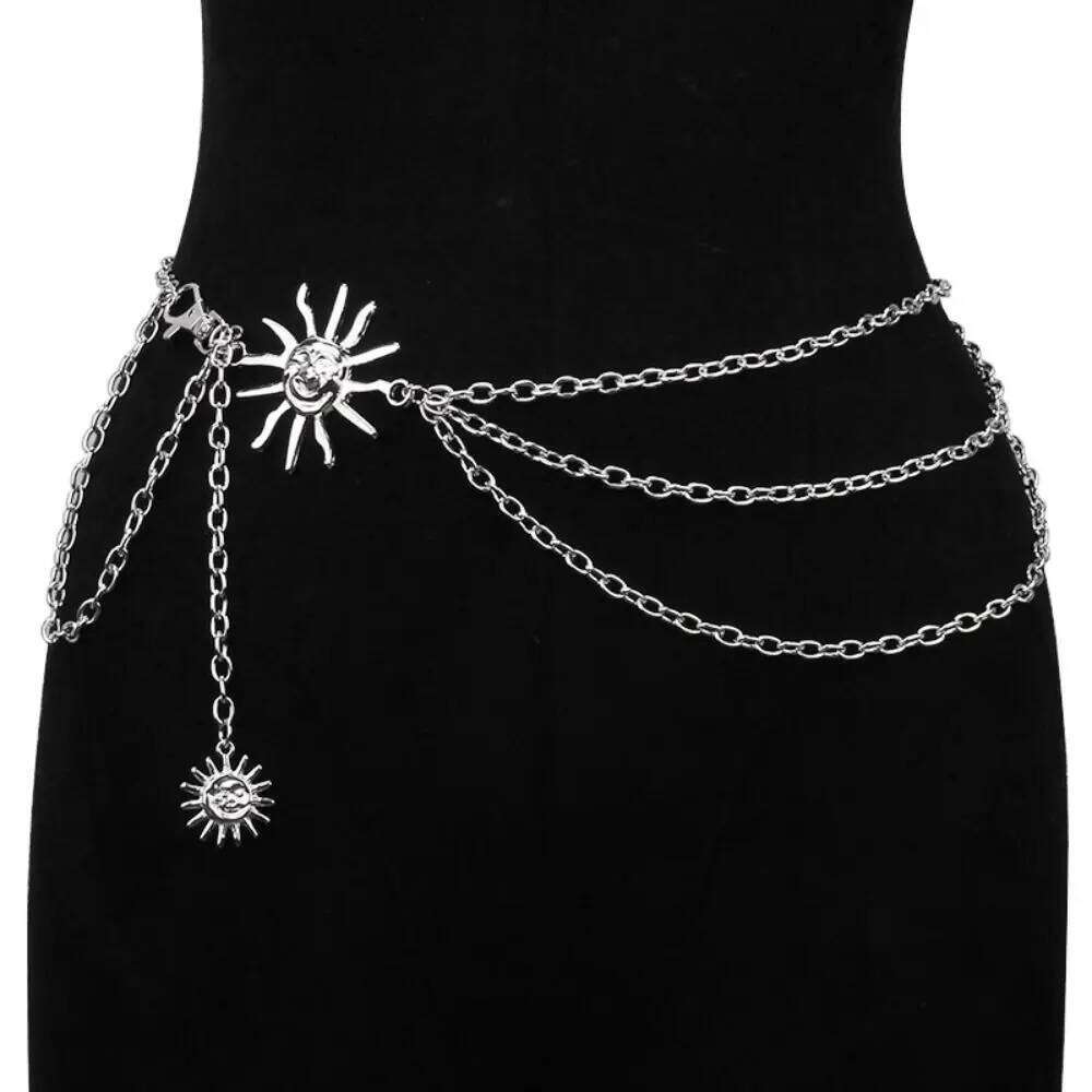 Sun Moon Star Metal Punk Hip Hop Style All-match For Women Dress Vintage High Waist Chain Belt H260228