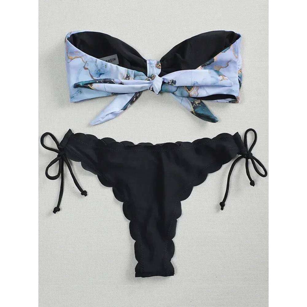 Bow Knotted Marble Print Bikinis Scalloped Bandeau Women Swimwear Female Swimsuit Two-pieces Bikini Set Bathing Suit Swim Z260301