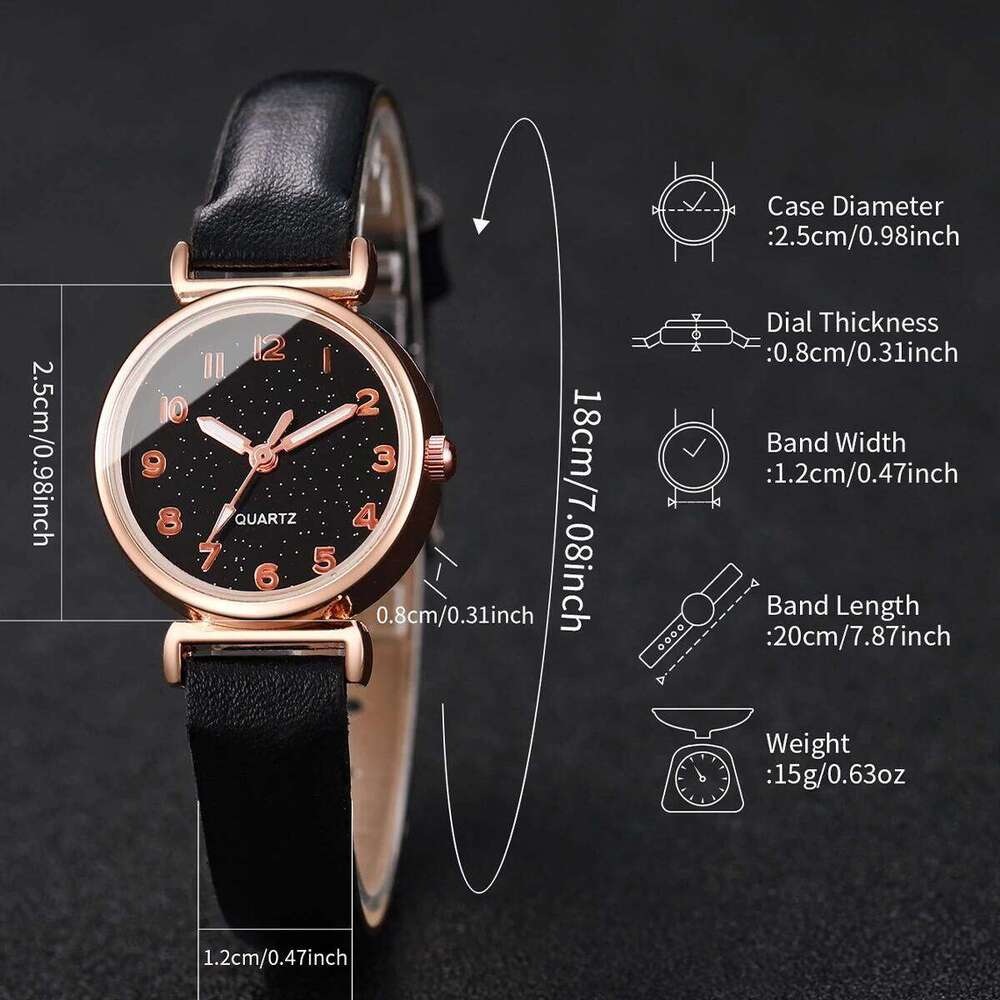 2PC Women's Fashion Starry Sky Small Dial Leather Band Analog Quartz Heart SetWithout Box H260228