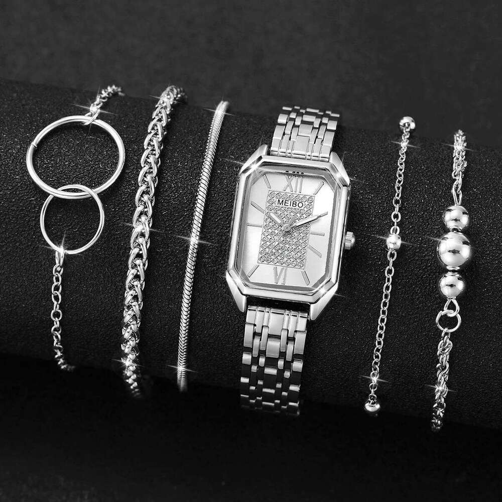 6PCS/Set Women's Fashion Rectangle Dial Quartz es Silver Steel Band Ladies Wristes s Set H260228