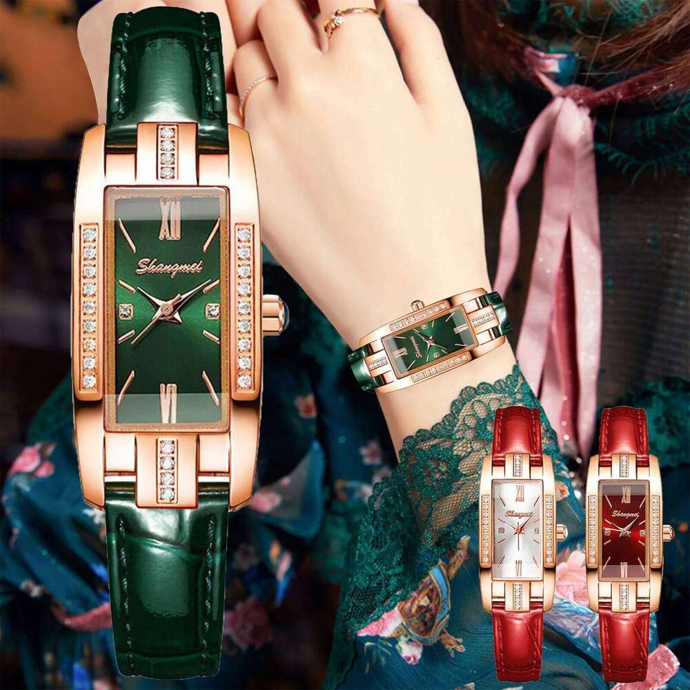 Vintage Women es Fashion Rhinestone Rectangle Ladies Leather Band Quartz H260228