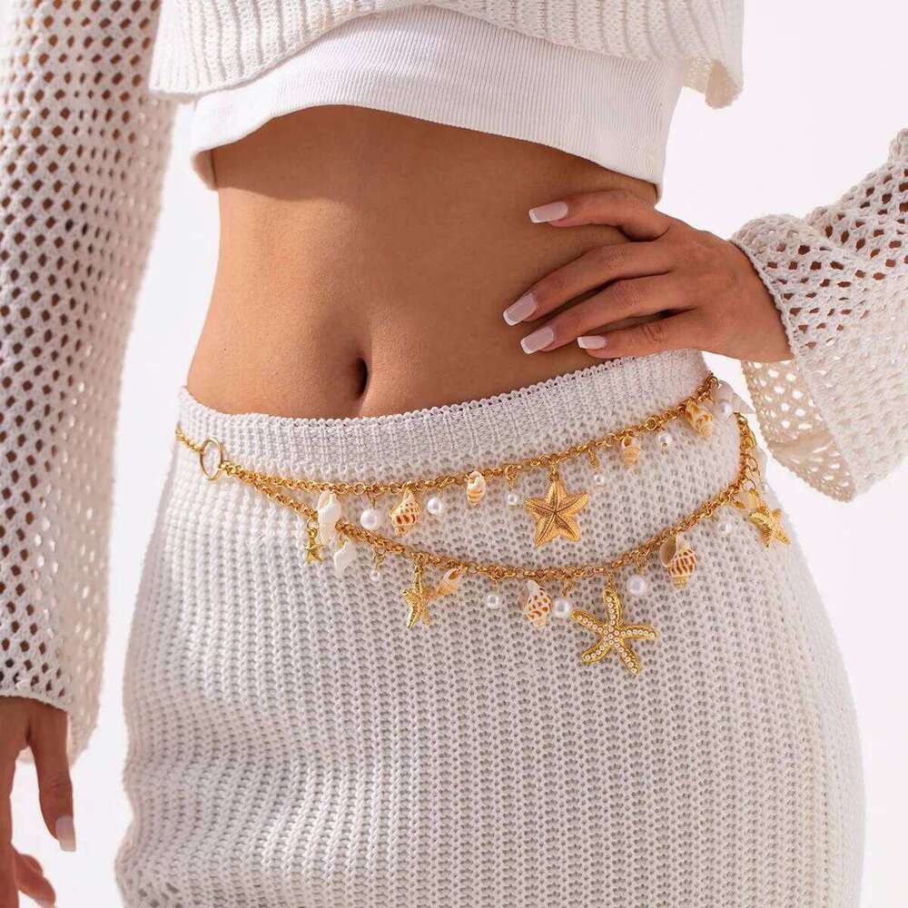 New European and American Bohemian Beach Starfish Shell Waist Chain, Fashion Imitation Pearl Conch Body Chain H260228