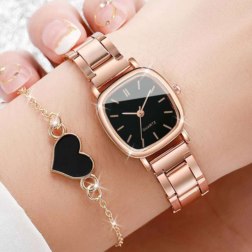2PCS/Set Fashion Square Women es Stainless Steel Band Quartz Heart Set H260228