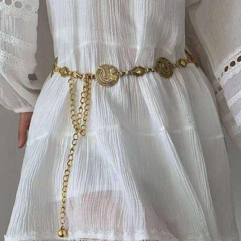 Simple Alloy Large Round Flower Fringes Ring Waist Women Circle Metal Chain Belt Geometric Long Waistband H260228