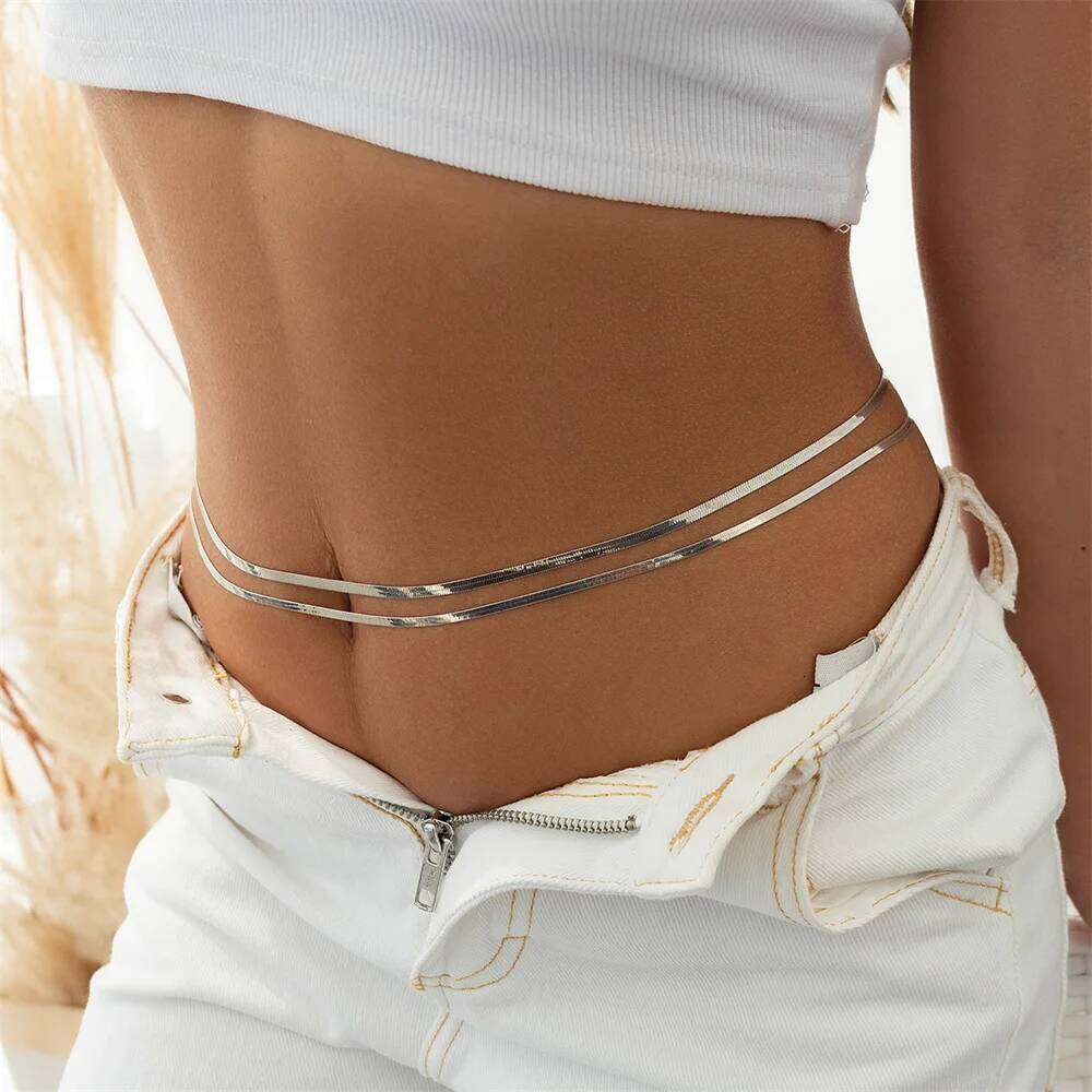2023 New Minimalist Double-layer Metal Flat Snake Belly Waist Chain Women's Fashion Skini Beach Summer Body Jewelry H260228
