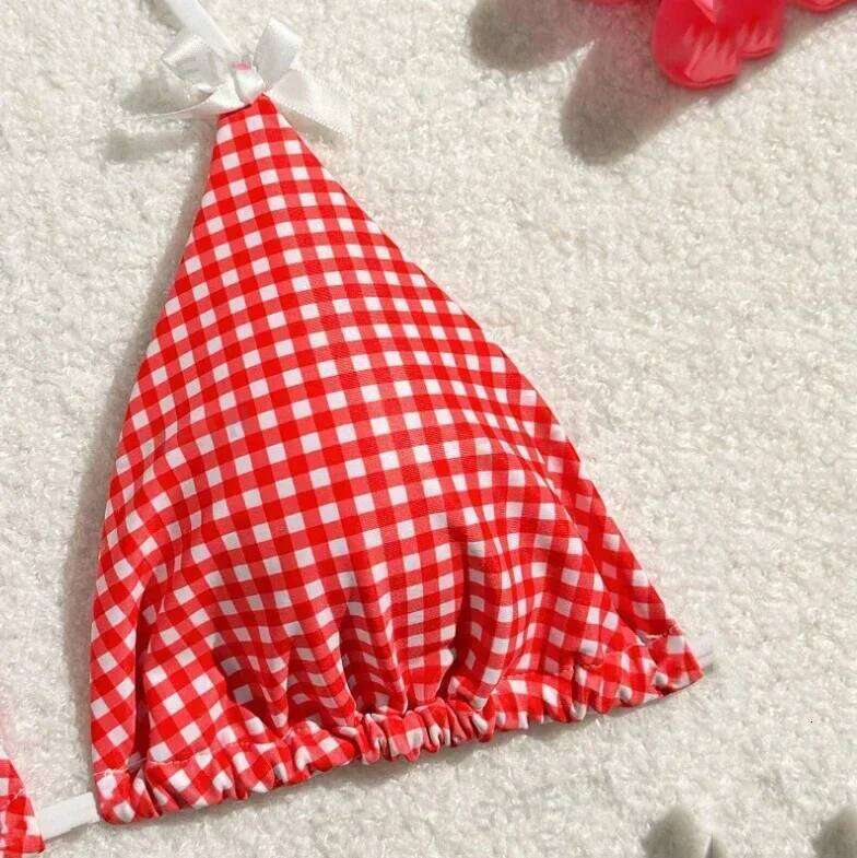 Red Plaid String Halter thong Micro Bikini for Women Mini Swimwear Lace-up Sexy Swimsuit Bathing Suit Triangle Bikinis Sets 2026 Z260301