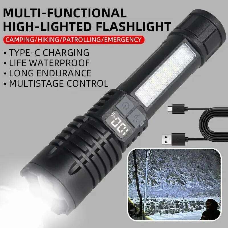 Tactical LED Flashlight High Power USB Rechargeable Camping Torch with Telescopic Zoom Emergency Spotlight Built-in Battery Z260301