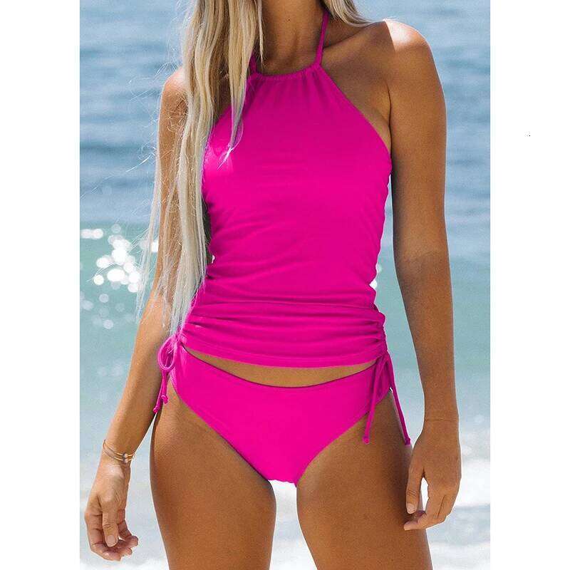 Women Split Solid Color Side Drawstring Halter Vest Tankini Set Swimsuit Female Bathers Bathing Swimming Swim Suit Z260301