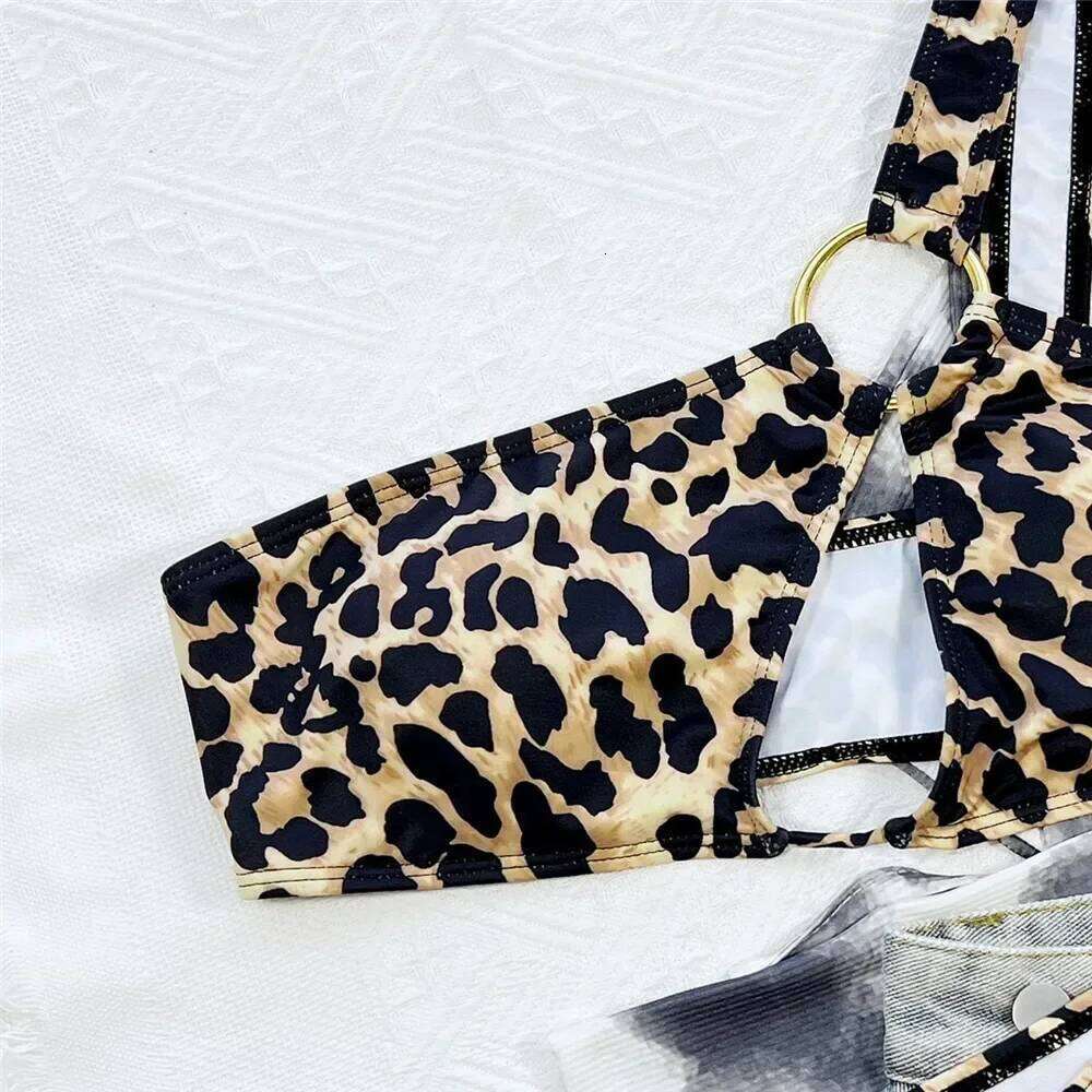 Sexy Hollow Out Swimsuit Leopard Print Micro Thong Bikinis Sets Women One Shoulder Swimwear 2026 Metal Ring Bikini Bathing Suit Z260301