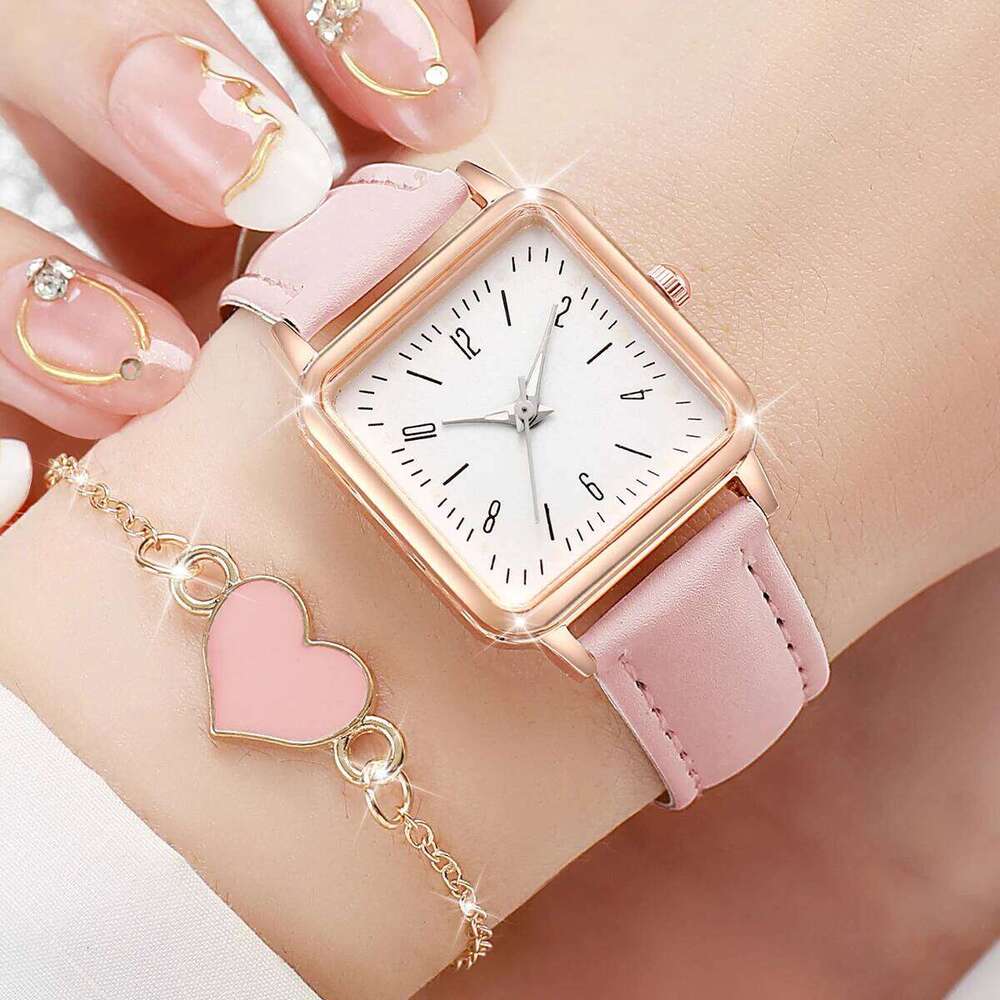 2PCS/Se Women's Fashion Square Leather Band Quartz Wristes Heart Set Reloj Mujer H260228