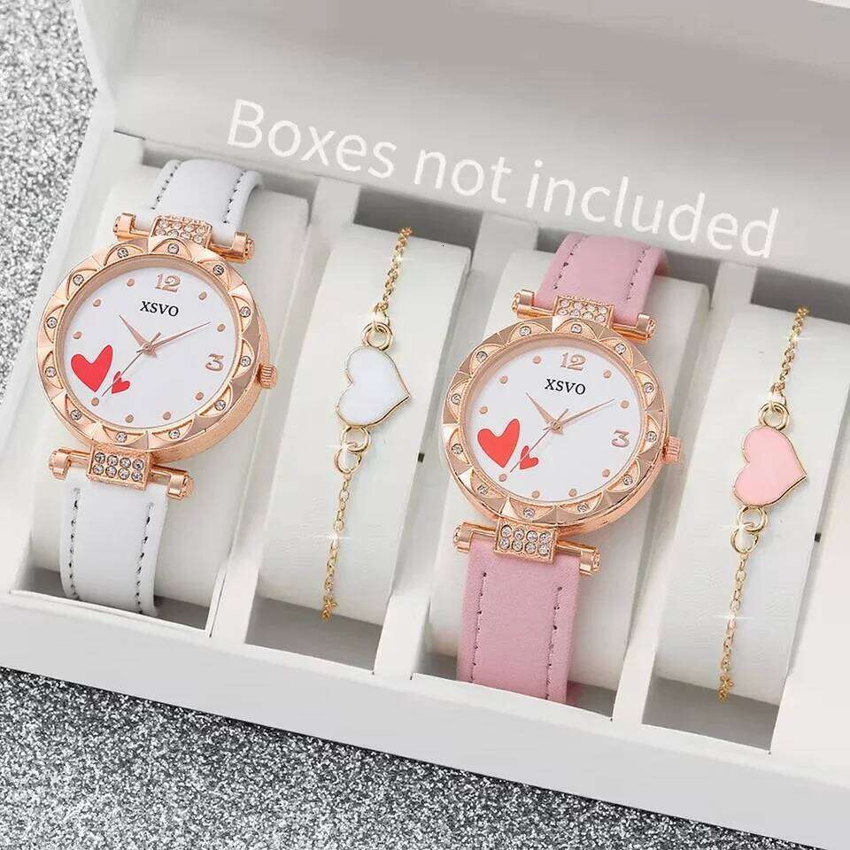 Women's Love 4-piece Belt Diamond Heart-shaped Dial Quartz Girl's Heart Student Christmas Gift H260228