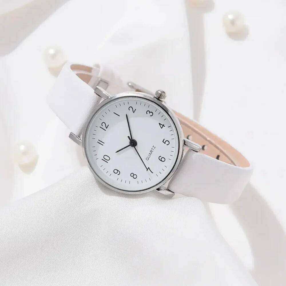 Simple Women's 2Pcs White Dial Leather Strap Quartz Wristes Set Casual Ladies es Clock Gift H260228
