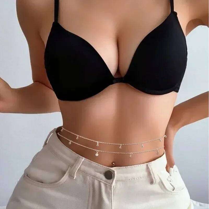 Fashionable and Versatile Item Summer Beach Sexy Bikini Rhinestone Waist Chain, Simple Metal Small Round Bead Tassel Body Chain H260228